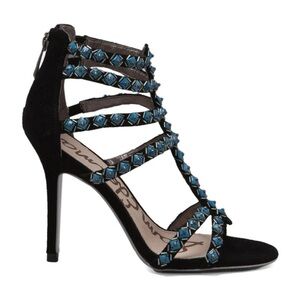 Sam Edelman Black Alina Heel Suede Studded Open Toe Strap Zipper Heel dressy